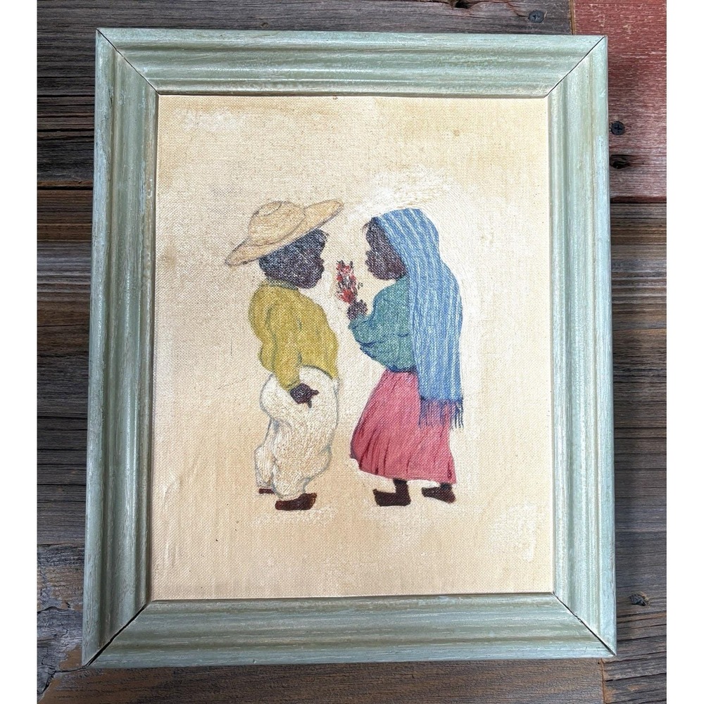 Mexican Folk Art painting framed 9.75" x 11.75" Hobbyist inscribed signed dated